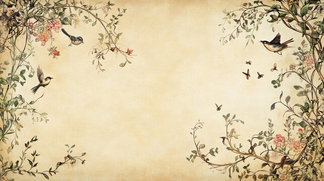 An ornate illuminated manuscript-style border birds intricate medieval botanical floral vines parchment background cottagecore rich colors, delicate fairy-tale motifs elegant calligraphy copy space