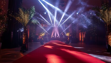 Red carpet illuminated with spotlight lighting for a glamorous event