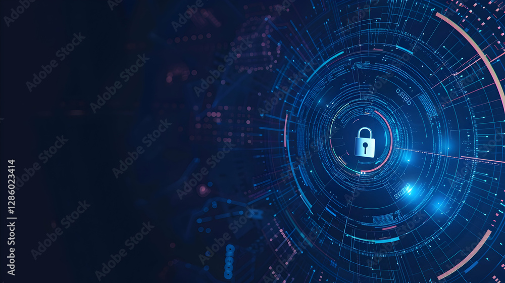 Poster abstract digital lock symbolizing cybersecurity amidst a futuristic tech background