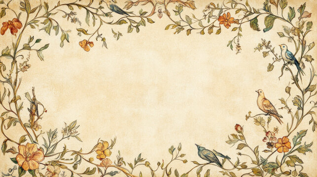 An ornate illuminated manuscript-style border birds intricate medieval botanical floral vines parchment background cottagecore rich colors, delicate fairy-tale motifs elegant calligraphy copy space