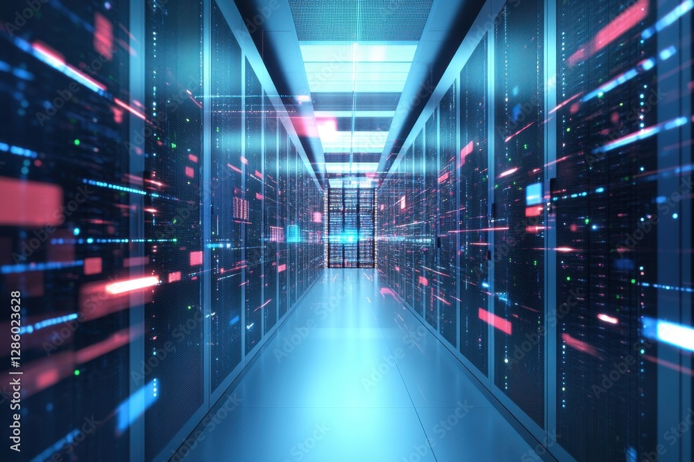 Poster vibrant data flow through a futuristic server room illuminated by glowing lights and digital pattern