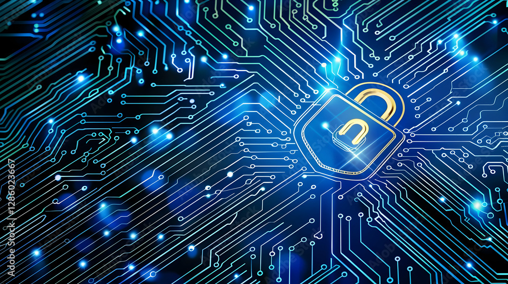 Poster abstract digital background featuring a glowing padlock symbol amid intricate circuit patterns