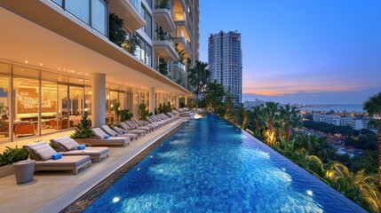 Obraz premium Infinity pool, condo, evening, city view