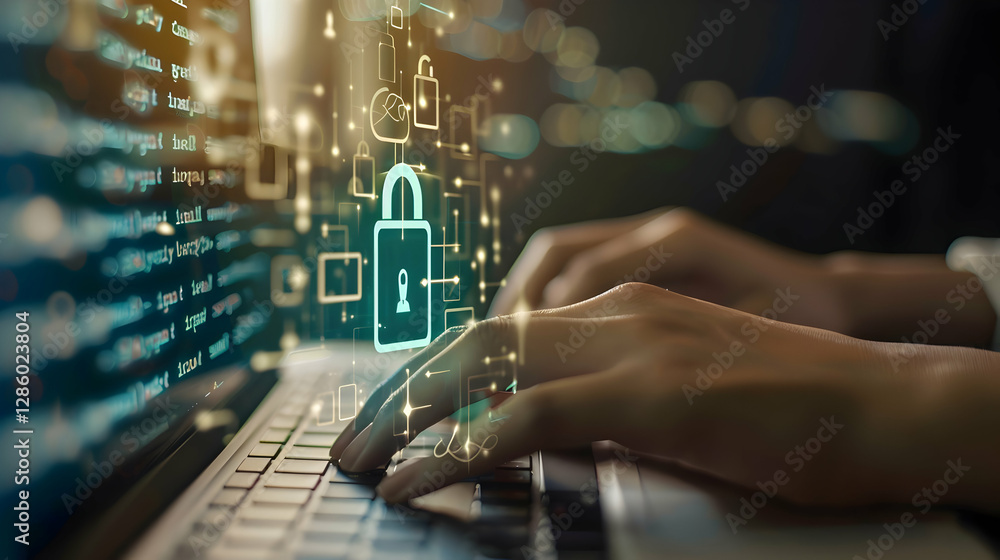 Poster hands typing on a laptop with digital security icons and code in the background, illustrating cybers