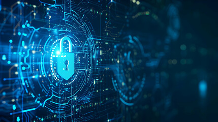 Obraz premium Digital lock symbolizing cybersecurity amidst a network of glowing data connections and circuits