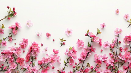 Pink flowers on a white background with space to copy. Spring background for greeting card.