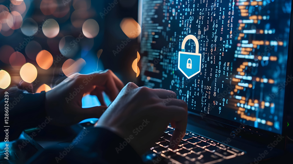 Aufkleber person typing on a laptop with digital security symbols and code in a vibrant tech environment