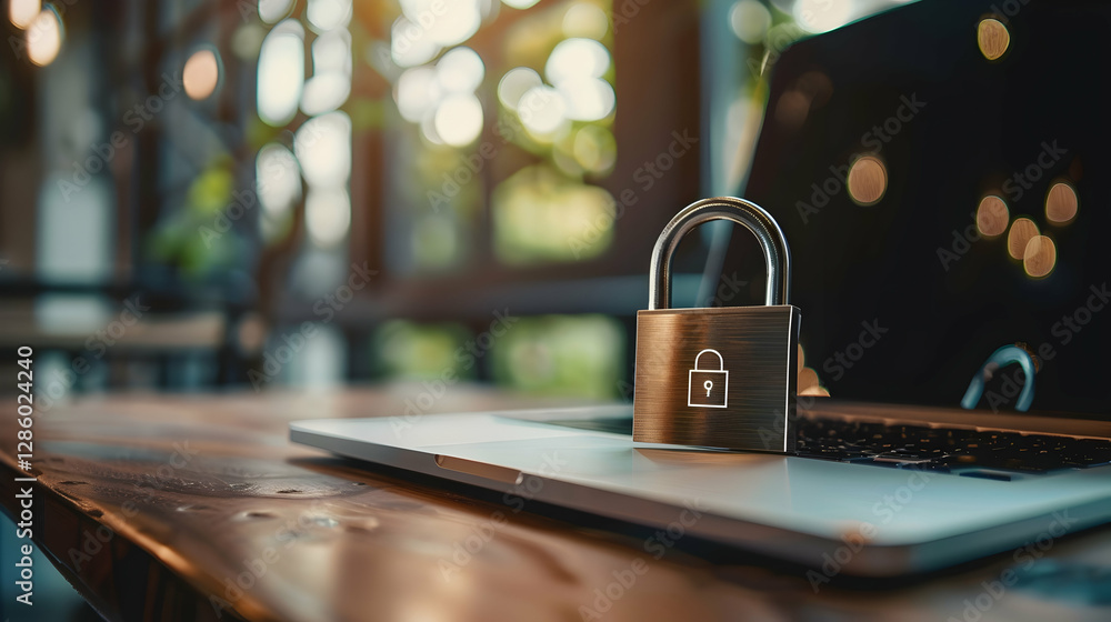 Poster a secure laptop with a padlock symbolizing digital safety in a cozy workspace setting