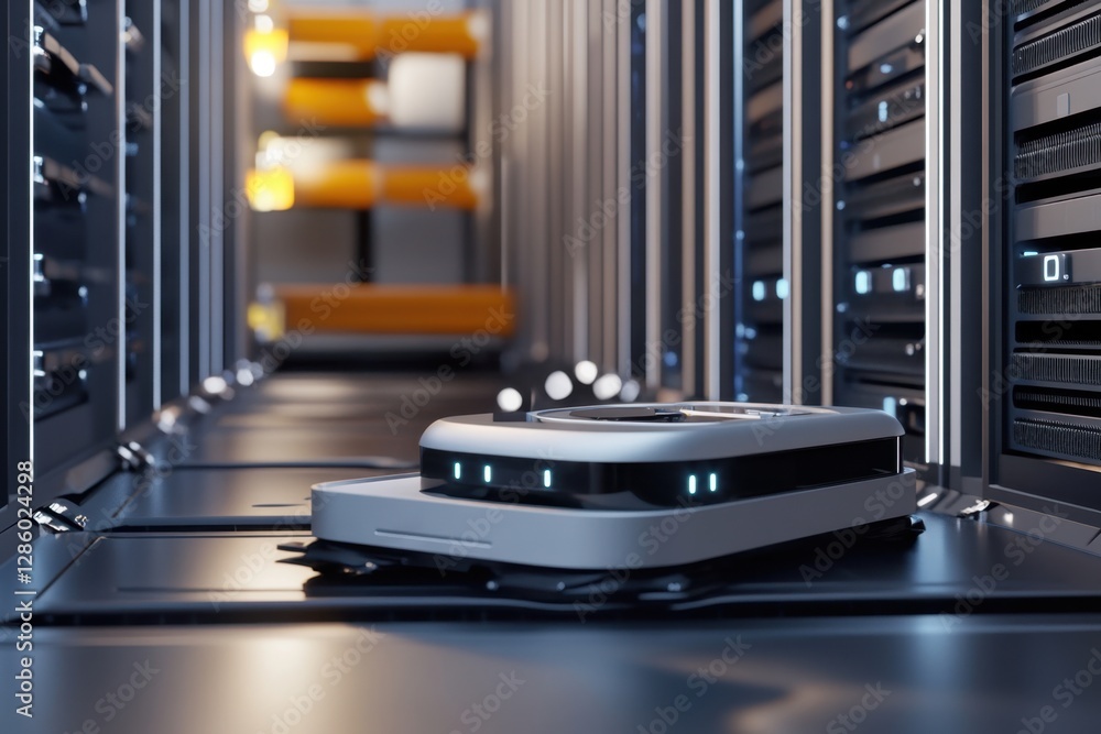 Poster automated robotic device navigating through high-tech server storage facility in the heart of a bust