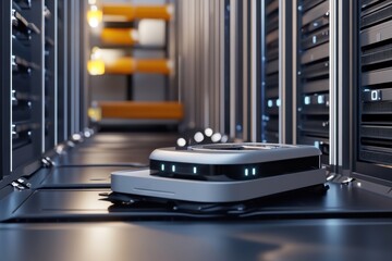 Automated robotic device navigating through high-tech server storage facility in the heart of a bustling data center. Generative AI