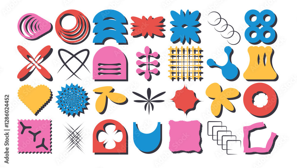 Poster geometric shapes set. neo brutalist figures pack. retro y2k forms. simple graphic distortion sticker