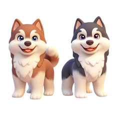 Naklejka premium Two malamutes of varying colors and opposing expressions, displayed on a clear backdrop.