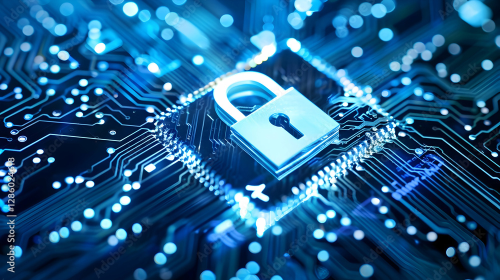 Aufkleber digital lock symbolizing cybersecurity on a microchip with glowing circuits and data flow