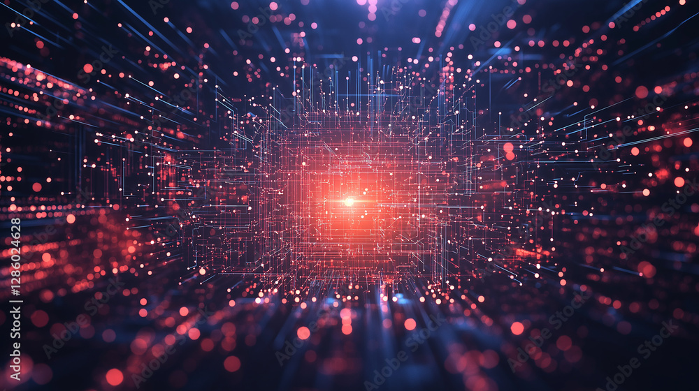 Poster digital data stream: a mesmerizing digital data stream unfolds, glowing with vibrant red and blue li