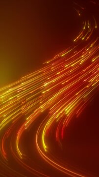 Vertical video animation of glowing neon lines in red and yellow on reflecting floor - abstract background.