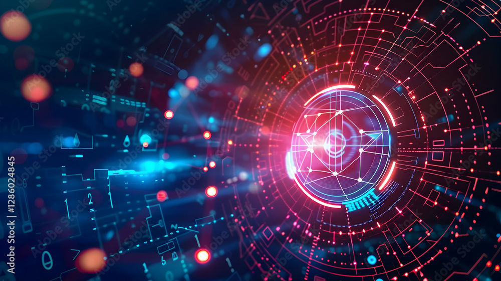 Poster abstract digital technology background with glowing circles and lines representing data flow