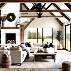 Luxury interior of a living room with fireplace and wooden beams