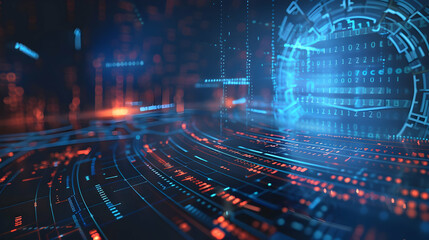 Futuristic digital landscape with glowing binary data streams and abstract technology elements