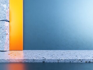 Bright orange light illuminates sleek concrete shelf. AI Generated