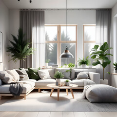 Interior of modern living room with sofa, coffee table and plant.