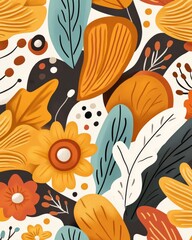 Naklejka premium Floral pattern with orange and black botanical elements featuring organic shapes and hand drawn textures in a seamless decorative design perfect for wallpaper textile and modern digital backgrounds