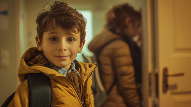 Boy Getting Ready for School with Siblings at Home