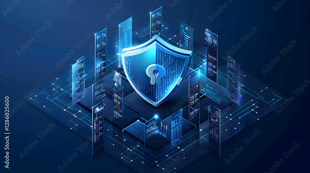 Aufkleber digital security shield surrounded by data panels representing cybersecurity measures and technology