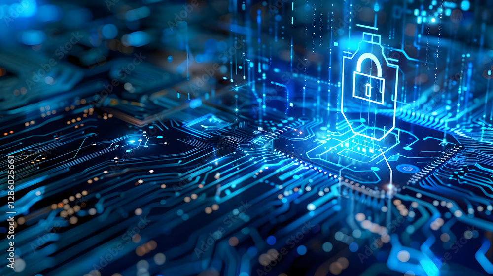 Poster digital lock symbolizing cybersecurity on a circuit board with glowing data streams in background