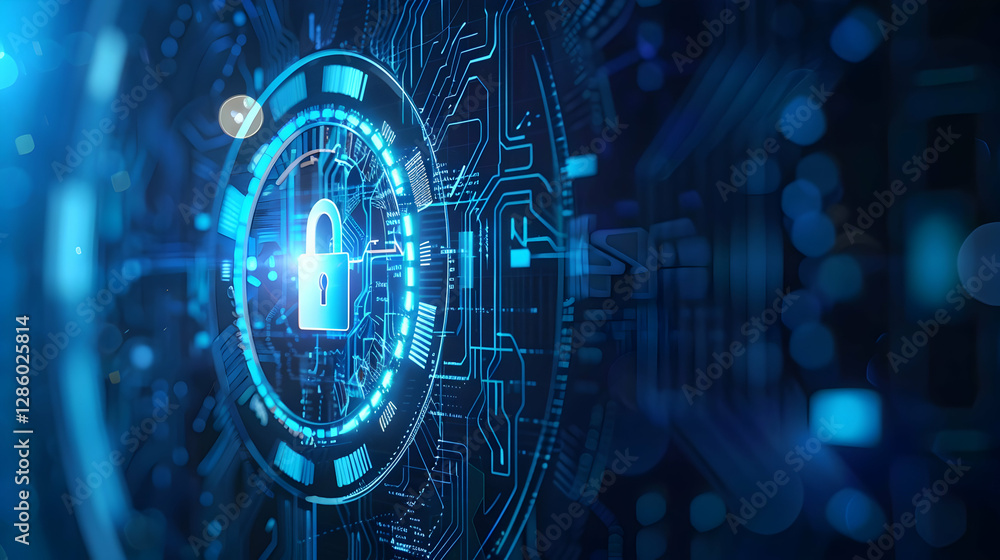 Poster abstract digital lock symbolizing cybersecurity with tech patterns and glowing effects