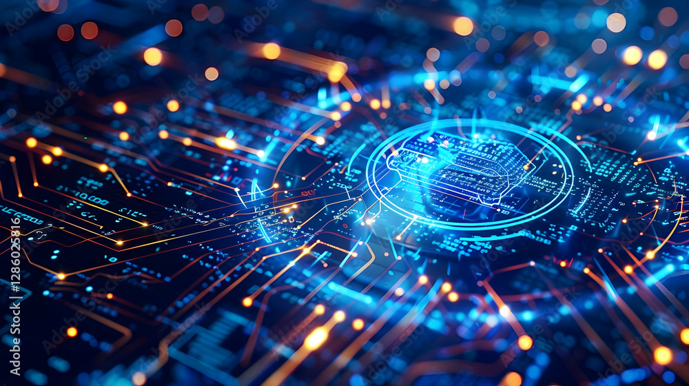Poster abstract digital circuit board with glowing lights and intricate patterns, showcasing technology
