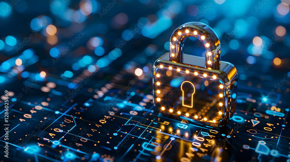 Poster a glowing padlock symbolizing cybersecurity on a digital circuit background with data streams