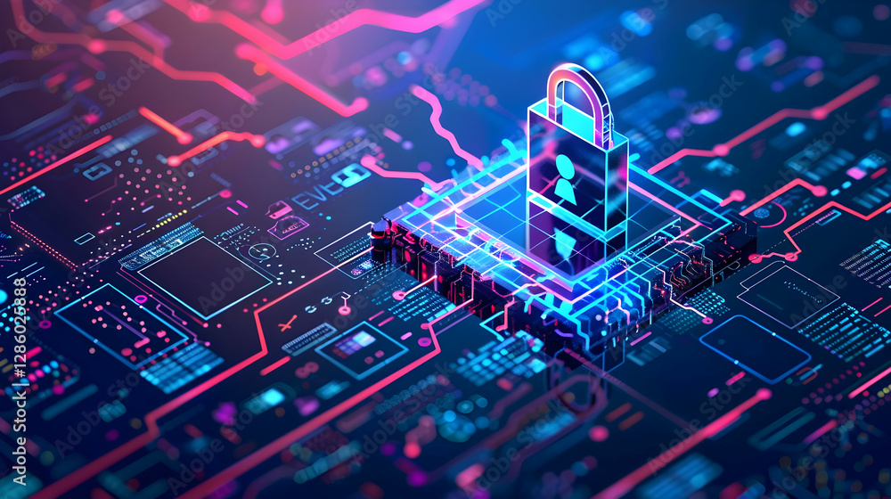 Aufkleber digital lock symbolizing cybersecurity on a circuit board with colorful data streams in background