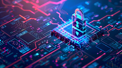 Digital lock symbolizing cybersecurity on a circuit board with colorful data streams in background