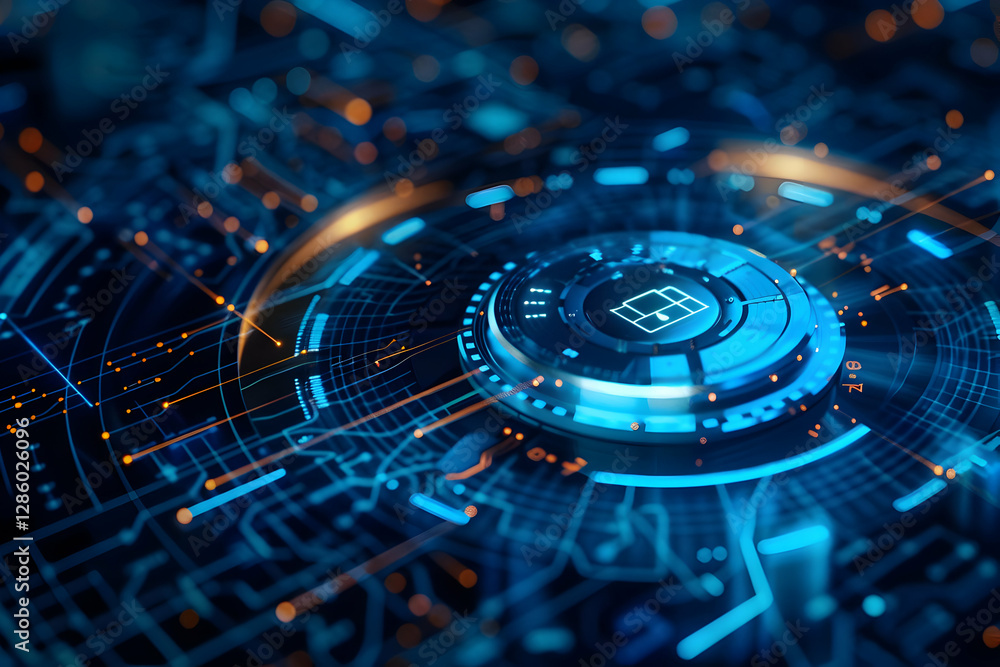Poster futuristic digital circuit board with glowing elements and intricate patterns, representing technolo