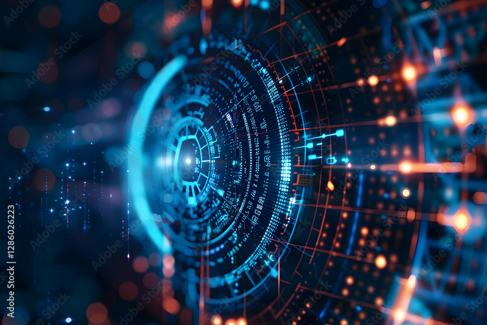 Poster abstract futuristic digital interface with glowing elements and data visualization in motion