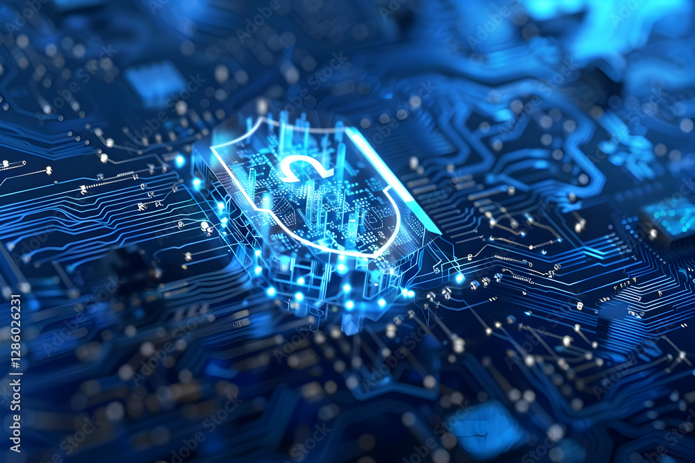 Poster digital security concept showcasing a glowing lock symbol on a circuit board background