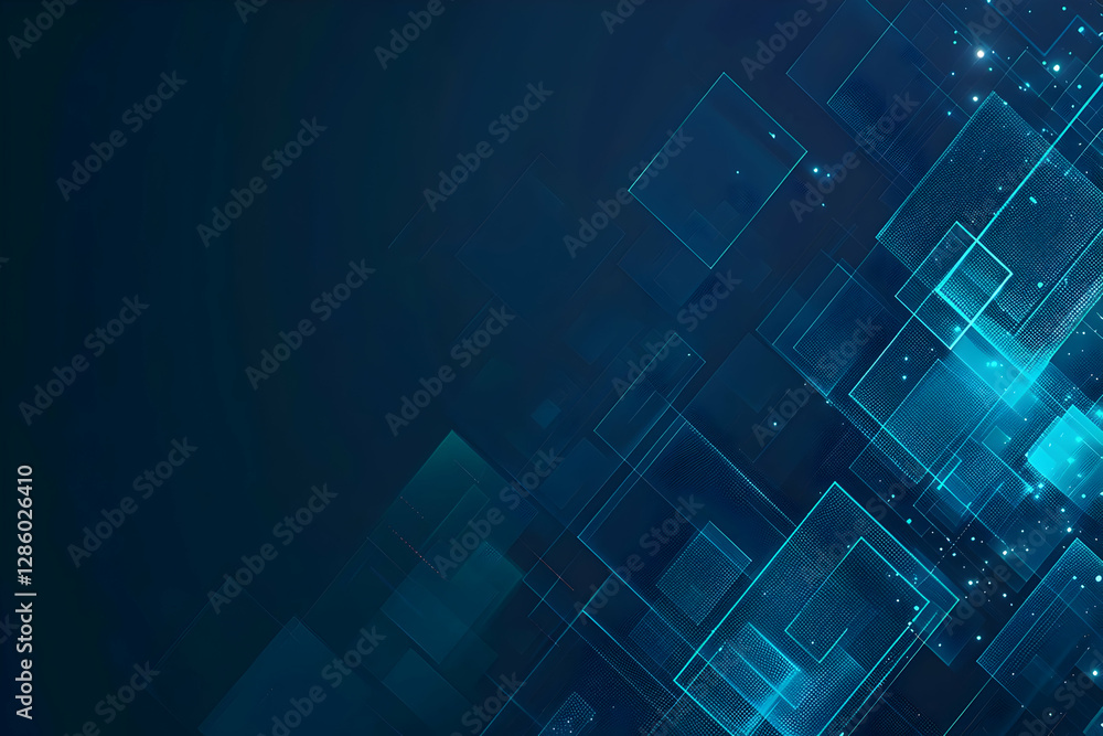 Poster abstract blue geometric background with glowing squares and subtle sparkles for digital design