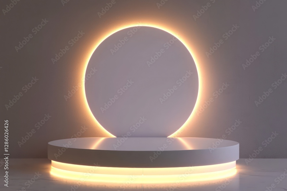 Fototapete 3d floating podium with illuminated edges for clean product mockups and customizable text.