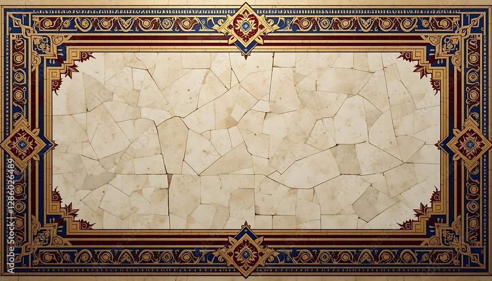 Poster intricate mosaic table surface with gold and red ornate border design