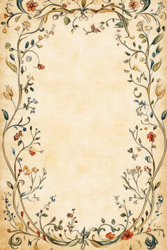 An ornate illuminated manuscript-style border intricate floral vines medieval botanical elements parchment background cottagecore rich colors, delicate fairy-tale motifs elegant calligraphy copy space