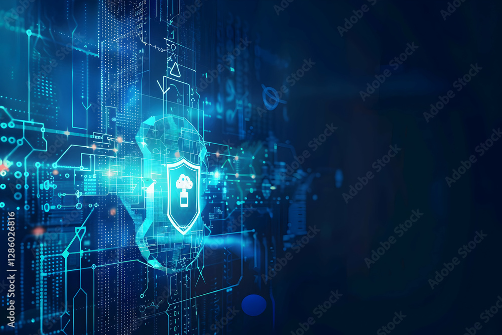 Poster abstract digital security concept with shield icon and circuit patterns in a futuristic background