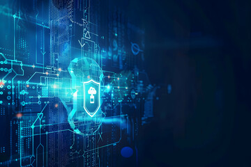 Obraz premium Abstract digital security concept with shield icon and circuit patterns in a futuristic background