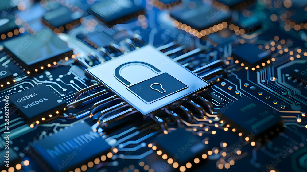 Aufkleber close-up of a secure digital lock symbol on a circuit board, representing cybersecurity technology
