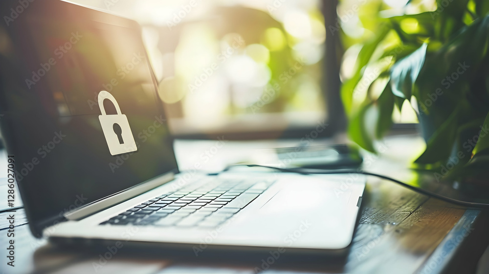 Poster a laptop with a lock symbol displayed on the screen, surrounded by greenery in a bright workspace