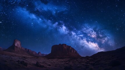 The Milky Way core illuminates a halo indigo starry sky, captured in time-lapse with long exposure over rocky desert terrain using an ultra-wide-angle lens.  