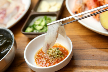 Korean seafood dish. raw fish Sashimi