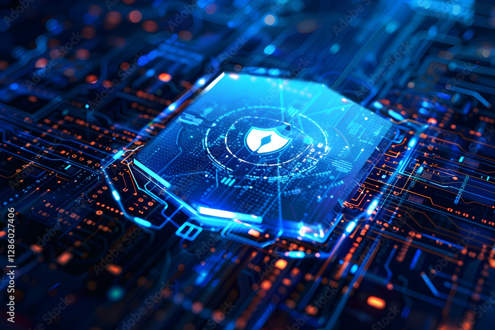 Poster futuristic digital circuit board with shield symbol representing cybersecurity technology