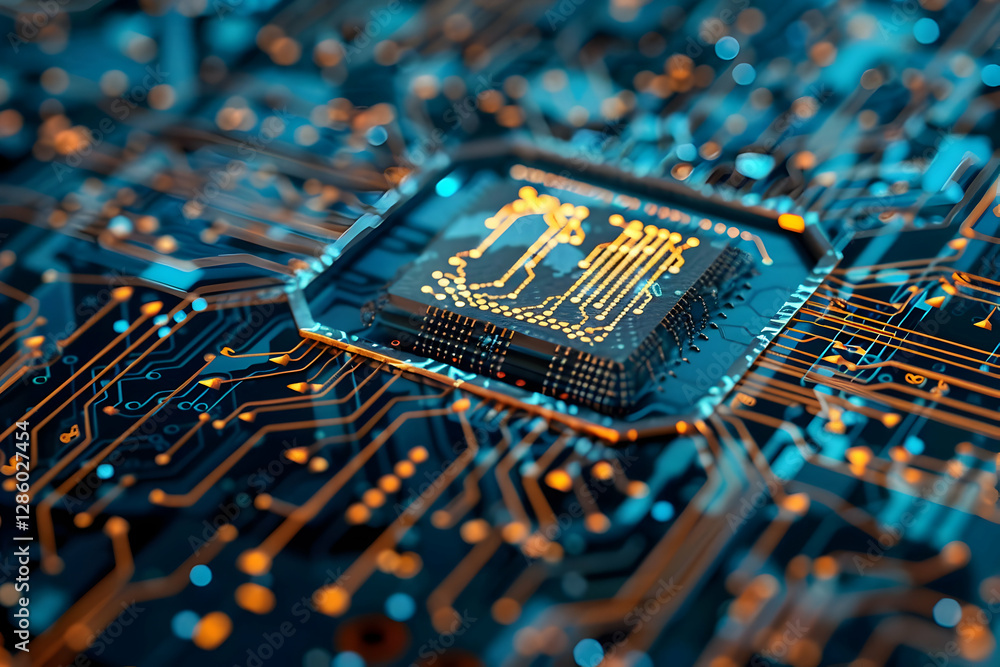 Poster close-up view of a microchip on a circuit board showcasing intricate electronic connections