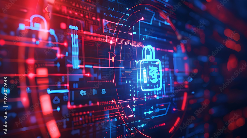 Poster digital security concept with glowing padlock and circuit patterns in a futuristic environment