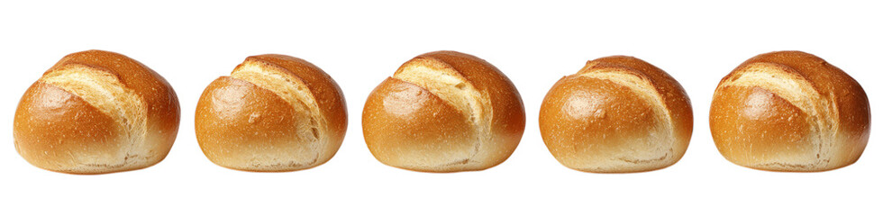 Five freshly baked bread rolls aligned in a row
